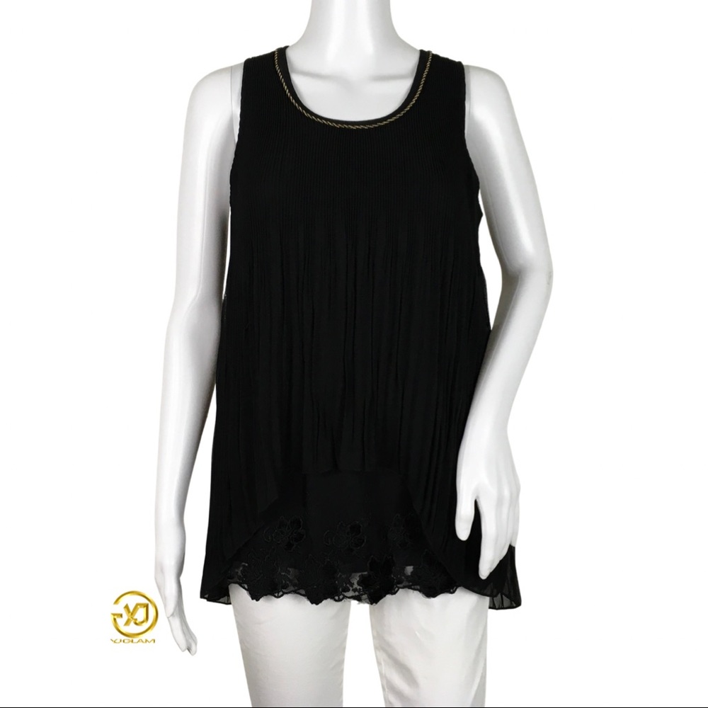 NWT Desigual Women's Ruffle Blouse Pleated Sleeveless Black Sz M